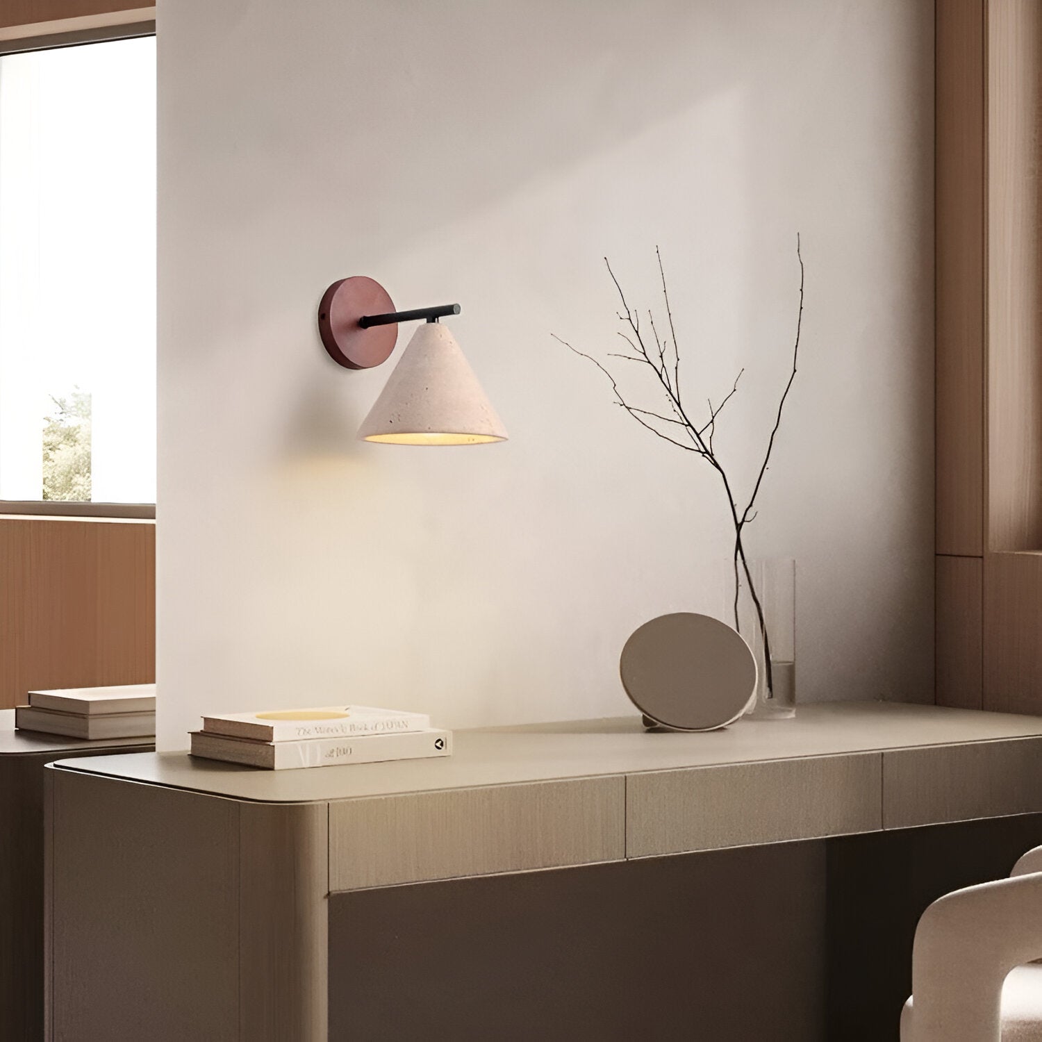 Wall Lamp Travertine Stone 5.9 in Bedroom Hallway Ambient Lighting Wood Base Cone Shade Modern Wabi Sabi Fixture | Thomler
