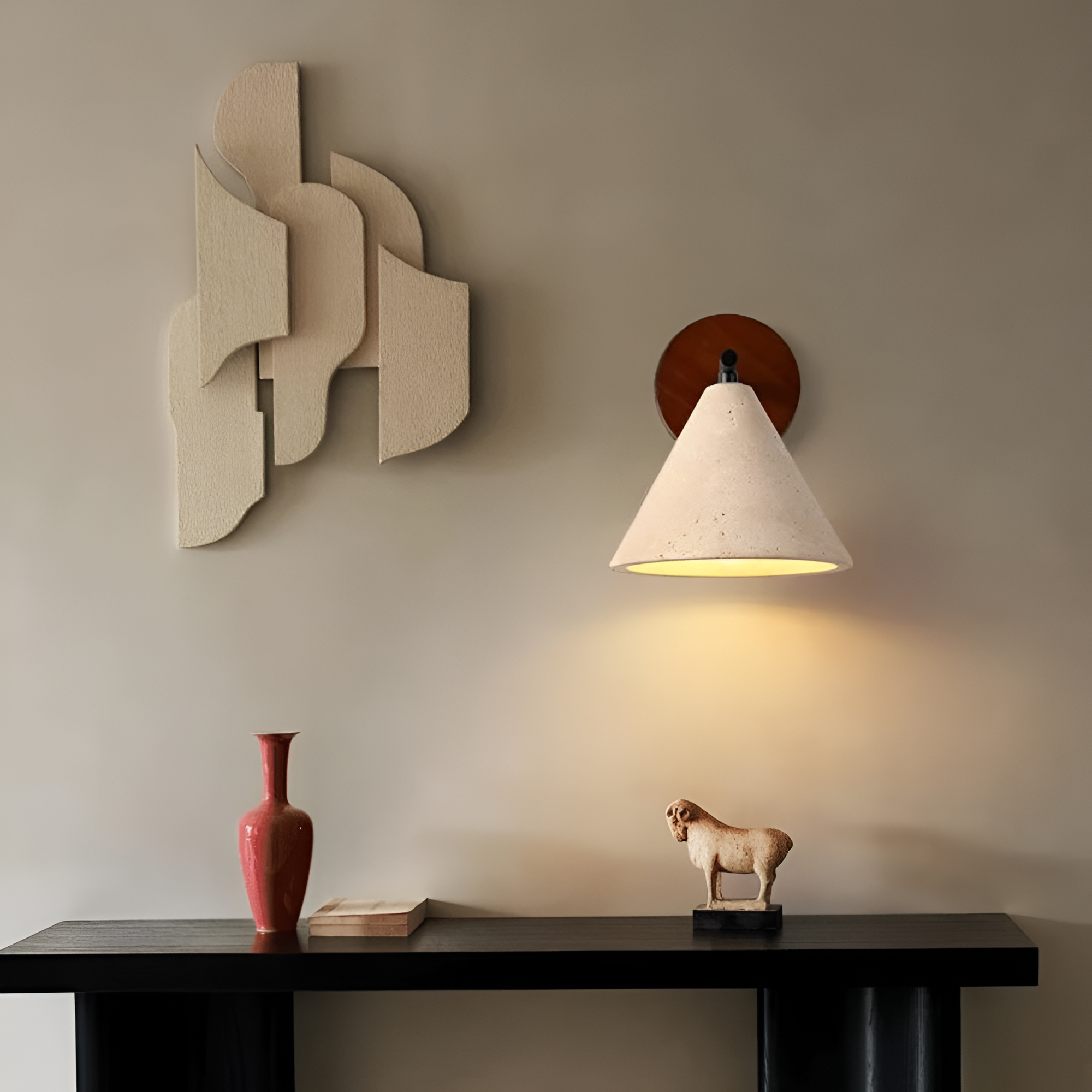 Wall Lamp Travertine Stone 5.9 in Bedroom Hallway Ambient Lighting Wood Base Cone Shade Modern Wabi Sabi Fixture | Thomler