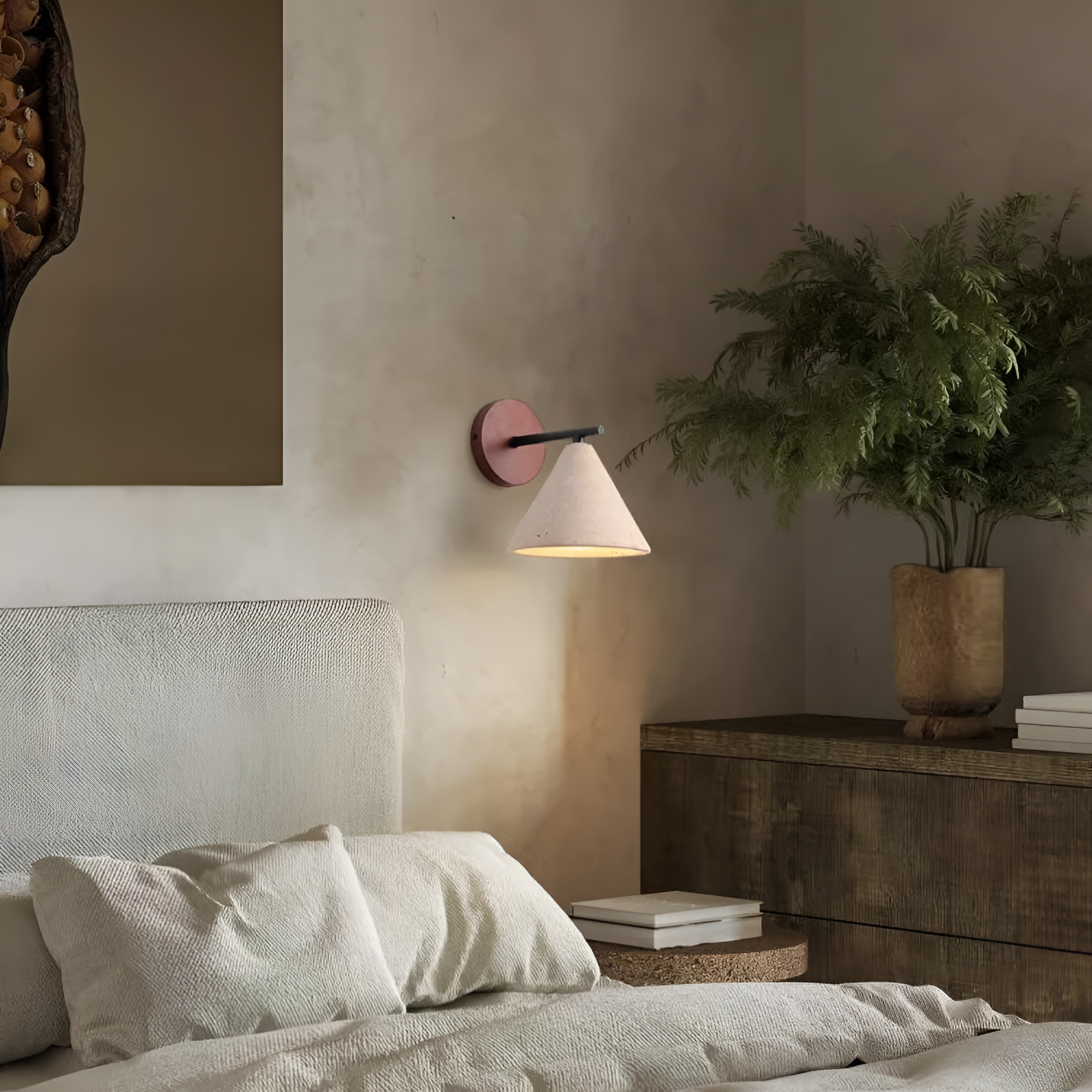 Wall Lamp Travertine Stone 5.9 in Bedroom Hallway Ambient Lighting Wood Base Cone Shade Modern Wabi Sabi Fixture | Thomler