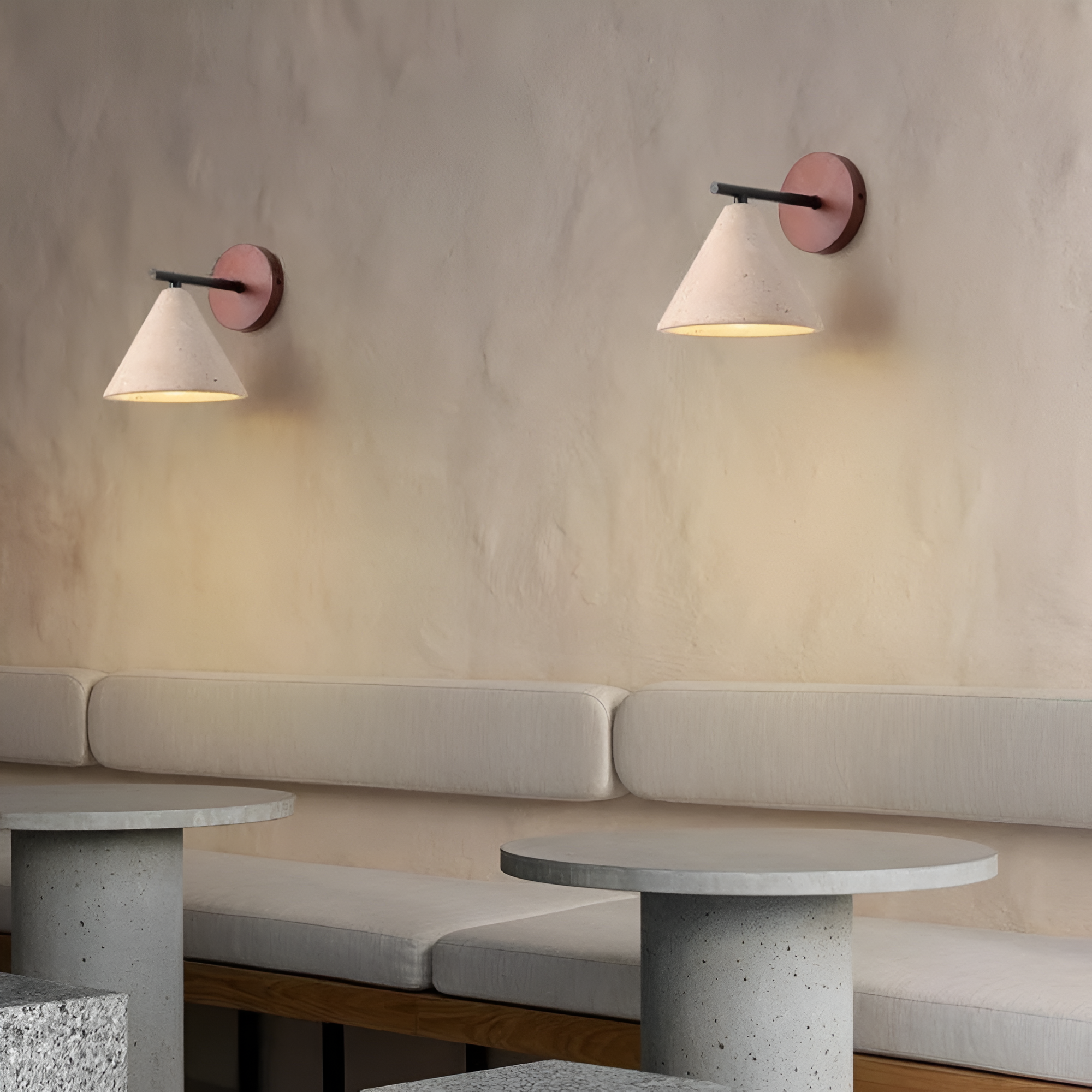 Wall Lamp Travertine Stone 5.9 in Bedroom Hallway Ambient Lighting Wood Base Cone Shade Modern Wabi Sabi Fixture | Thomler