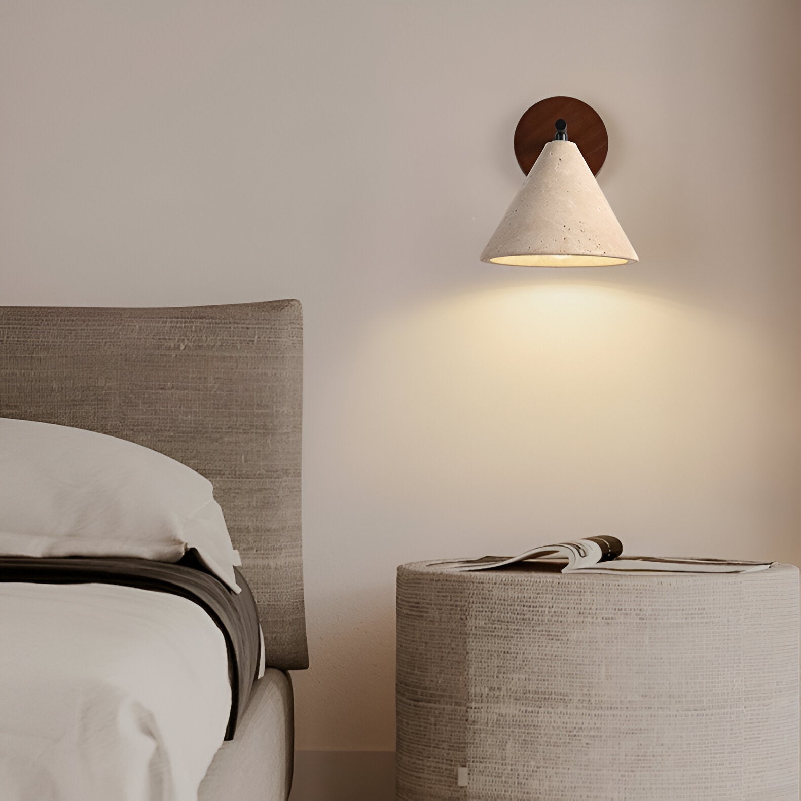 Wall Lamp Travertine Stone 5.9 in Bedroom Hallway Ambient Lighting Wood Base Cone Shade Modern Wabi Sabi Fixture | Thomler