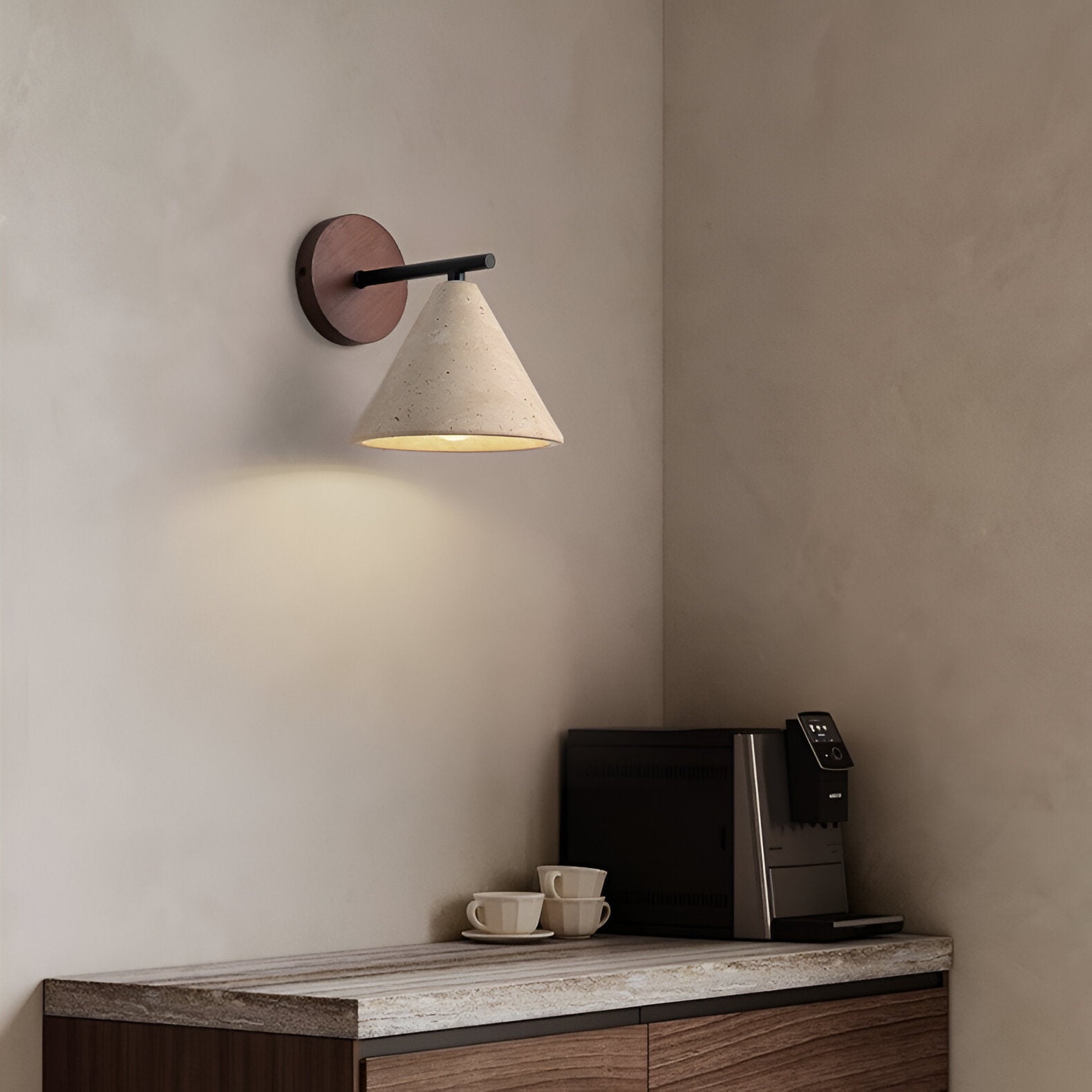 Wall Lamp Travertine Stone 5.9 in Bedroom Hallway Ambient Lighting Wood Base Cone Shade Modern Wabi Sabi Fixture | Thomler