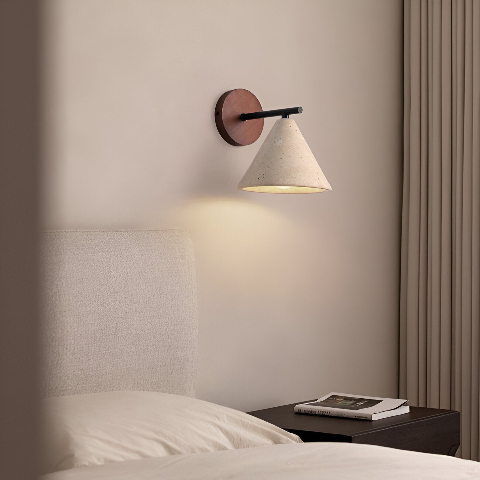 Wall Lamp Travertine Stone 5.9 in Bedroom Hallway Ambient Lighting Wood Base Cone Shade Modern Wabi Sabi Fixture | Thomler