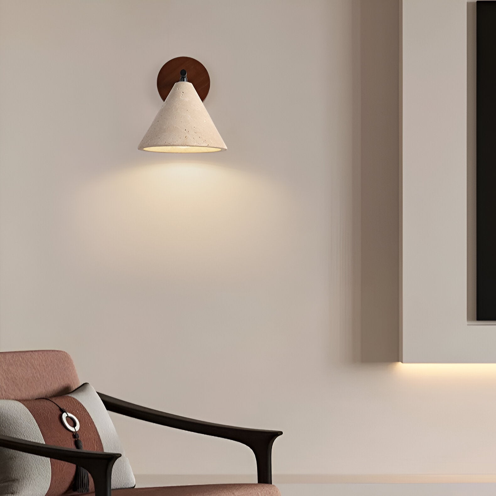 Wall Lamp Travertine Stone 5.9 in Bedroom Hallway Ambient Lighting Wood Base Cone Shade Modern Wabi Sabi Fixture | Thomler
