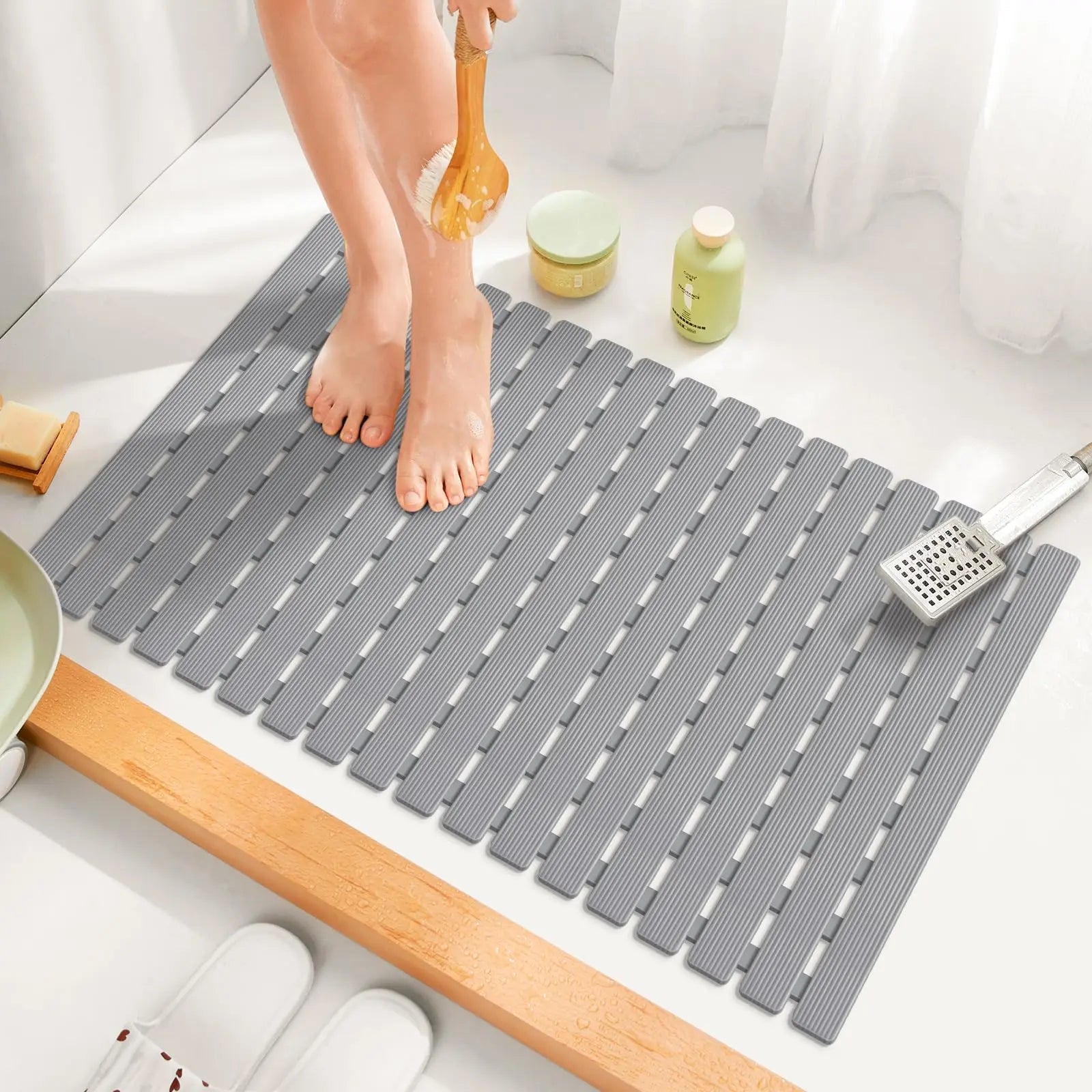 Textured Silicone Shower Mat with Suction Grip | Anti-Slip Bathroom Floor Cover for Tubs and Stalls | Drainage Design for Safety | Thomler
