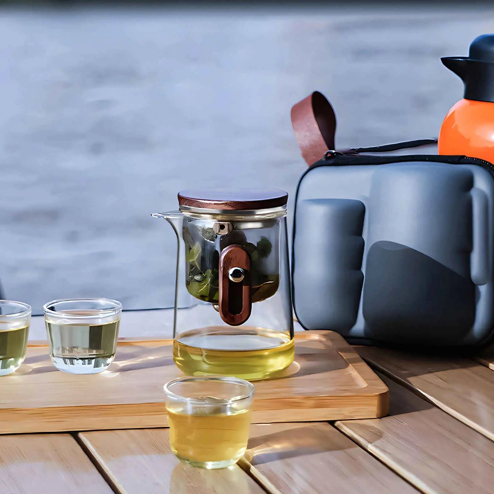 Travel Teapot Borosilicate Glass 330 ml Compact Tea Brewing Camping Outdoor Portable Infuser Set With Cups And Carry Case | Thomler