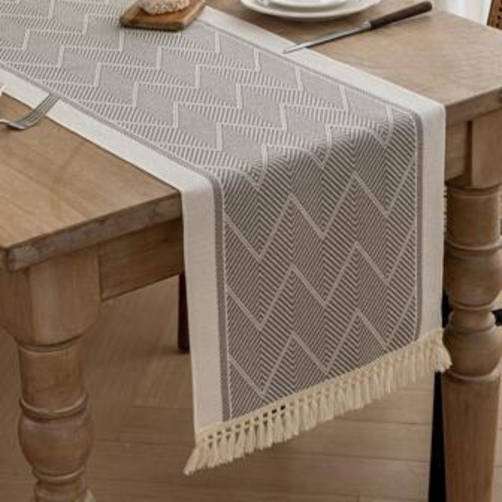 Table Runner Microfibre Blend Woven Zigzag Sandstone Dining Table Scandinavian Sideboard Decorative Runner With Fringes | Thomler