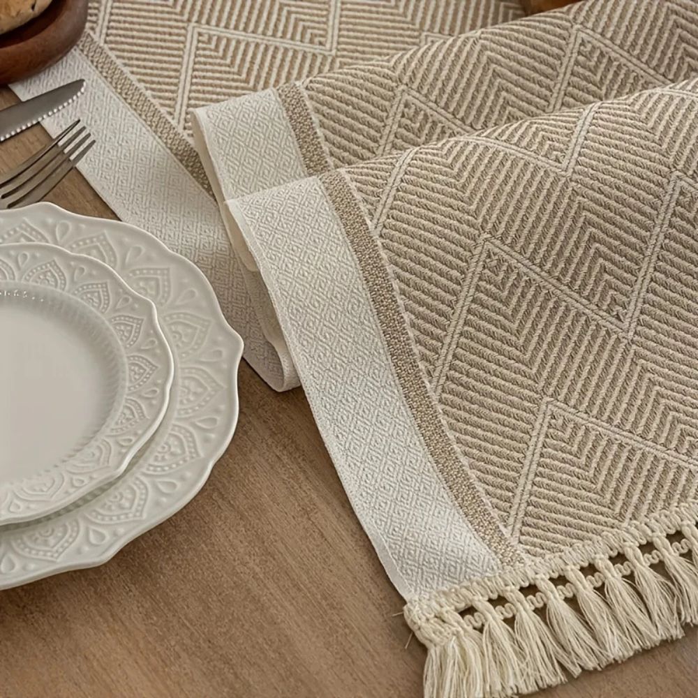 Table Runner Microfibre Blend Woven Zigzag Sandstone Dining Table Scandinavian Sideboard Decorative Runner With Fringes | Thomler