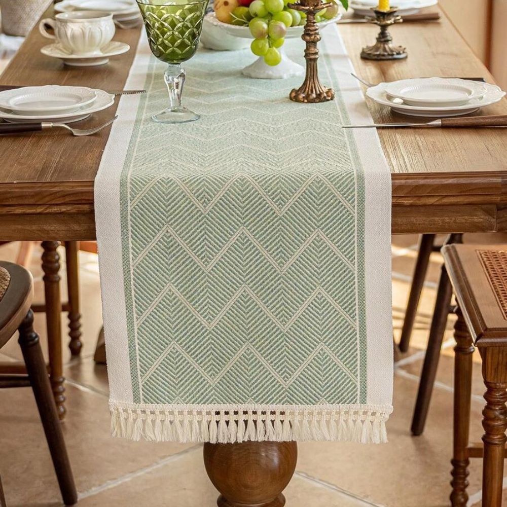Table Runner Microfibre Blend Woven Zigzag Sandstone Dining Table Scandinavian Sideboard Decorative Runner With Fringes | Thomler
