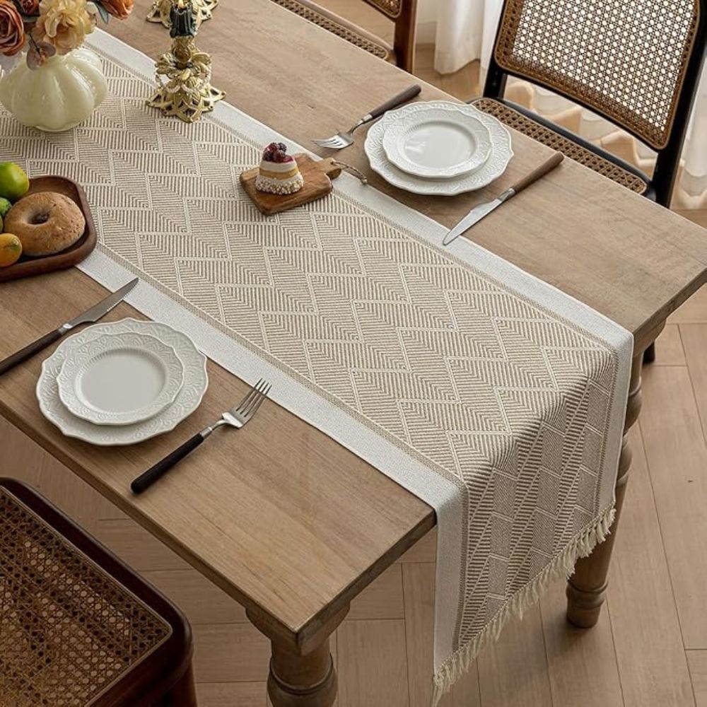 Table Runner Microfibre Blend Woven Zigzag Sandstone Dining Table Scandinavian Sideboard Decorative Runner With Fringes | Thomler