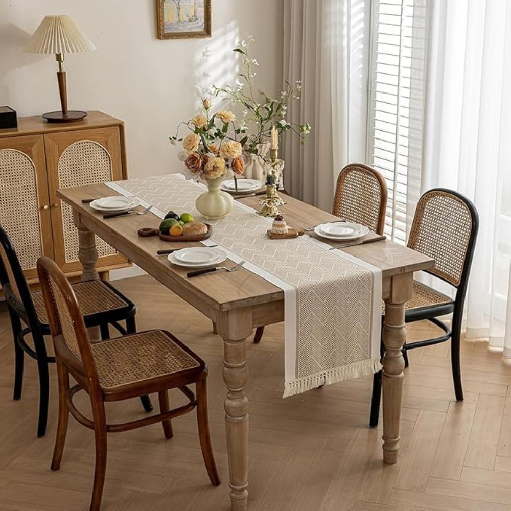 Table Runner Microfibre Blend Woven Zigzag Sandstone Dining Table Scandinavian Sideboard Decorative Runner With Fringes | Thomler