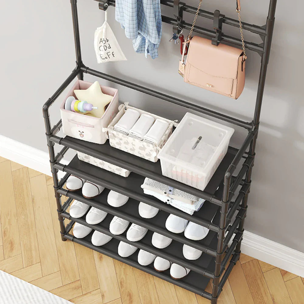 Shoe Rack Steel 171.0 cm x 60.0 cm Hallway Storage With Coat Rack Entryway Organiser Shoe Shelf Stand | Thomler