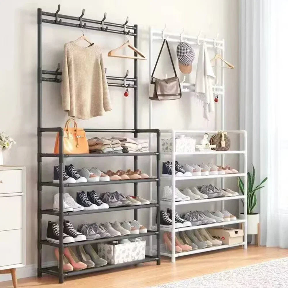 Shoe Rack Steel 171.0 cm x 60.0 cm Hallway Storage With Coat Rack Entryway Organiser Shoe Shelf Stand | Thomler