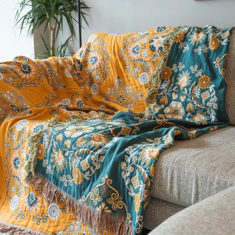 Reversible Cotton Throw Blanket with Tassels – Bohemian Floral Design for Couch, Sofa, or Bed – Warm & Decorative Home Accent | Thomler