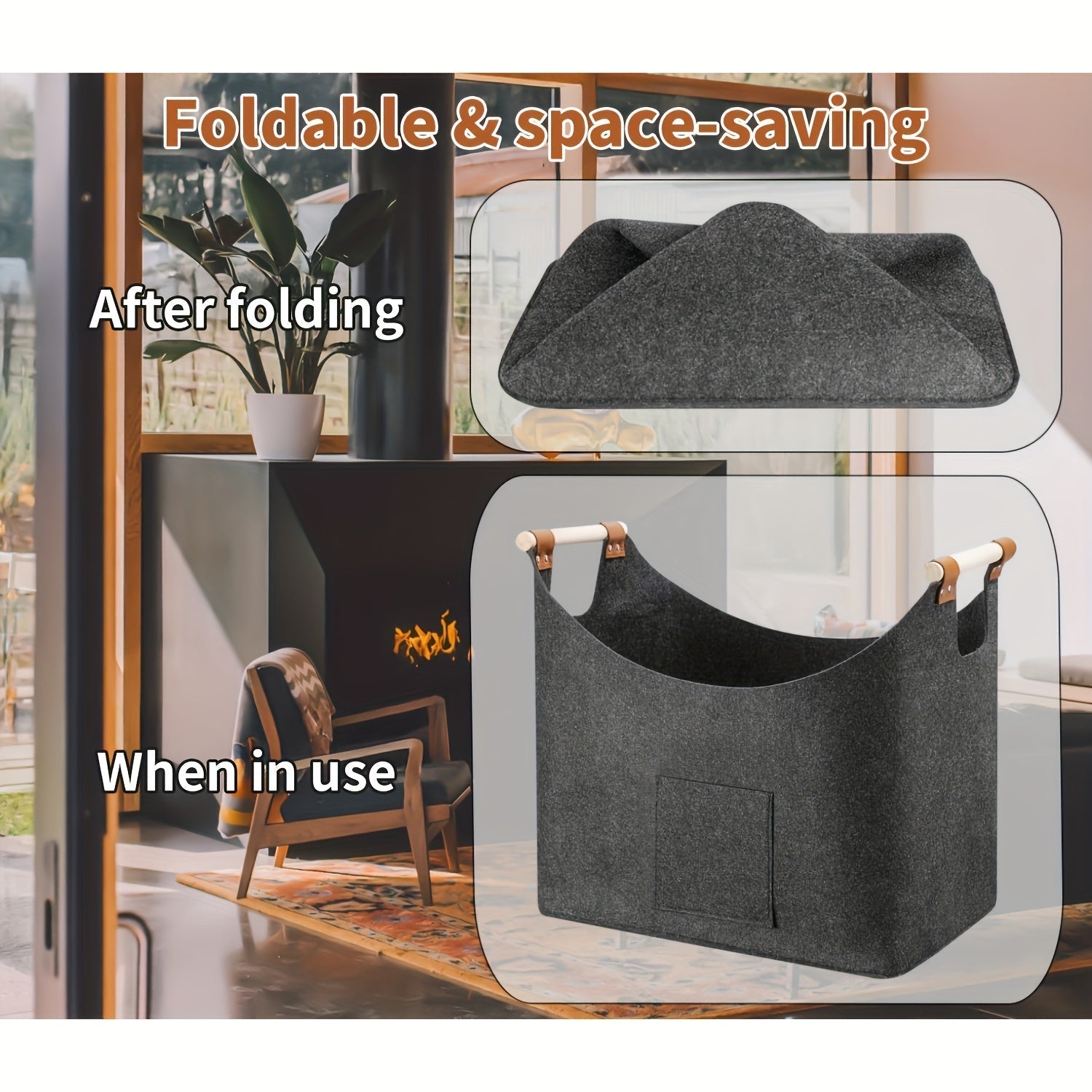 Collapsible Firewood Basket with Wooden Handles – 14.5 Gallon Felt Log Carrier for Living Room & Fireplace – Dark Gray Storage Bin | Thomler