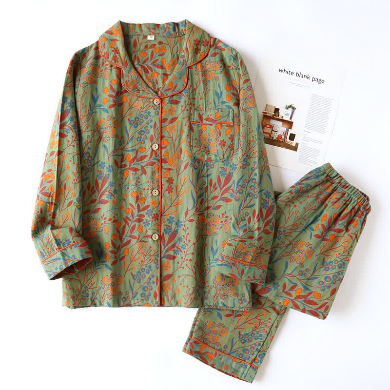 Women's Cotton Pajama Set with Botanical Leaf Print & Button-Down Top for Lounging | Thomler