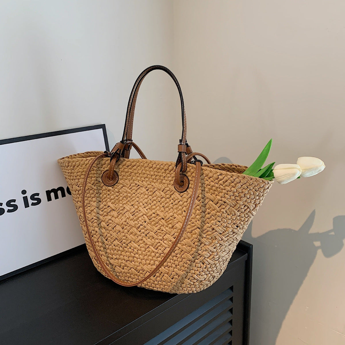 Woven Straw Summer Tote Bag with Spacious Interior for Beach, Travel & Everyday Use | Lightweight Natural Shoulder Bag | Thomler
