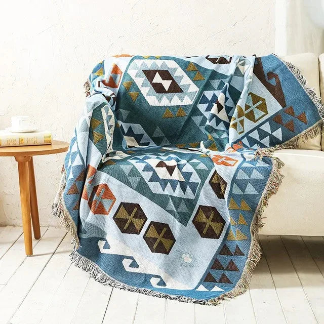 Throw Blanket Cotton Polyester Jacquard Weave Multicolour Sofa Bed Decorative Fringed Bohemian Living Room Accent Cover | Thomler