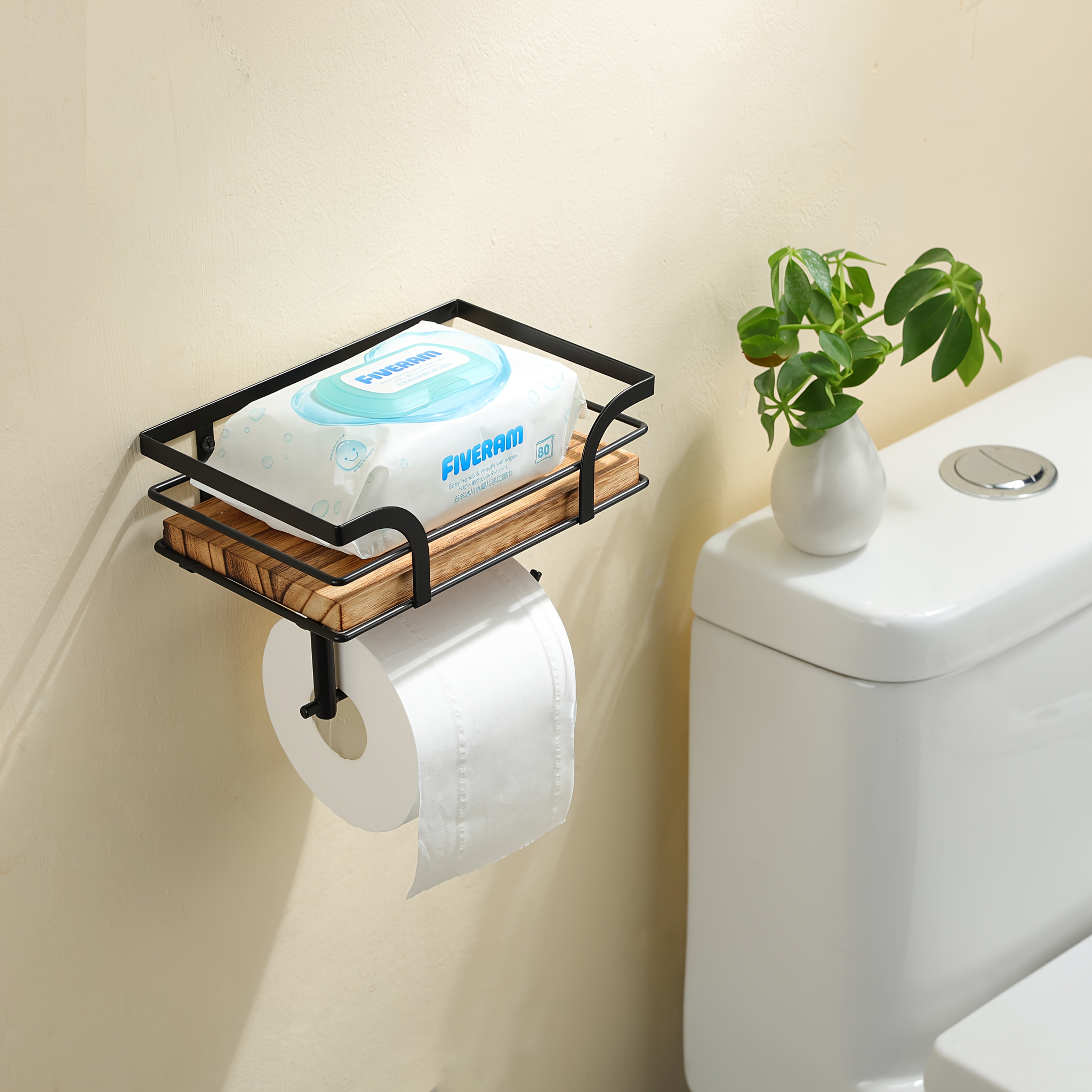 Toilet Roll Holder Wrought Iron Wood Shelf 20.0 cm Bathroom Storage Wall Mounted Organiser Industrial Toilet Shelf Rack | Thomler