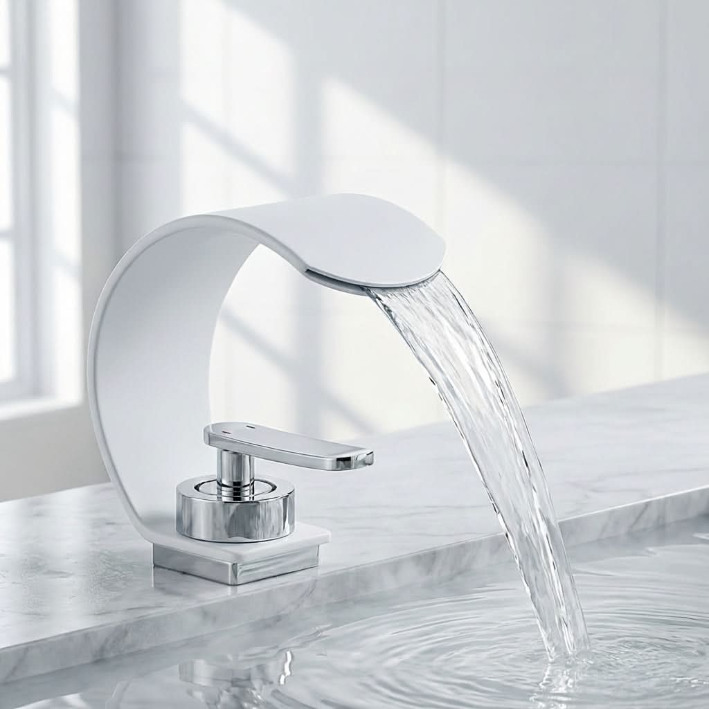 Curved Waterfall Bathroom Sink Faucet with Mirror Finish – Single Handle Hot & Cold Mixer Tap for Modern Vanity & Basin – Polished | Thomler