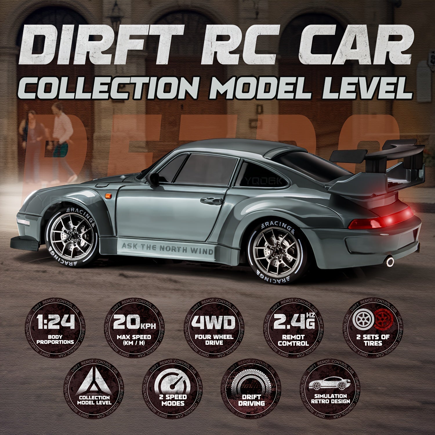 RC Drift Car Plastic 20.0 cm Grey 4WD Indoor Racing Remote Control Toy With Illuminated Wheels | Thomler