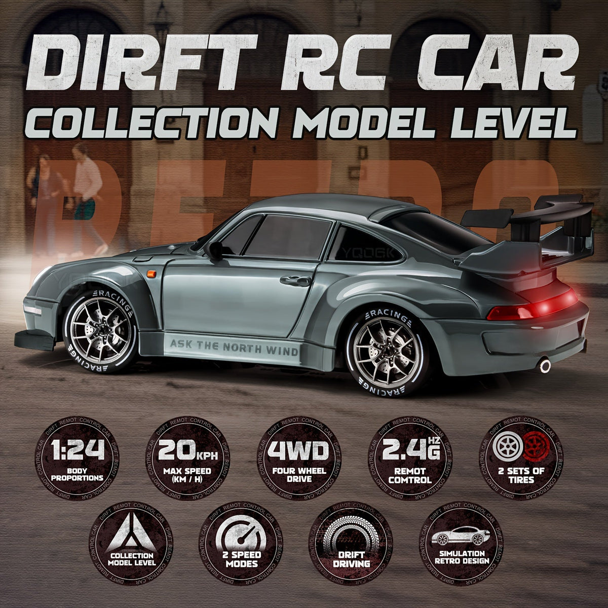 Remote Control Drift Car with LED Wheels – 1:24 Scale 4WD Racing Vehicle for Kids – Rechargeable RC Stunt Car | Thomler