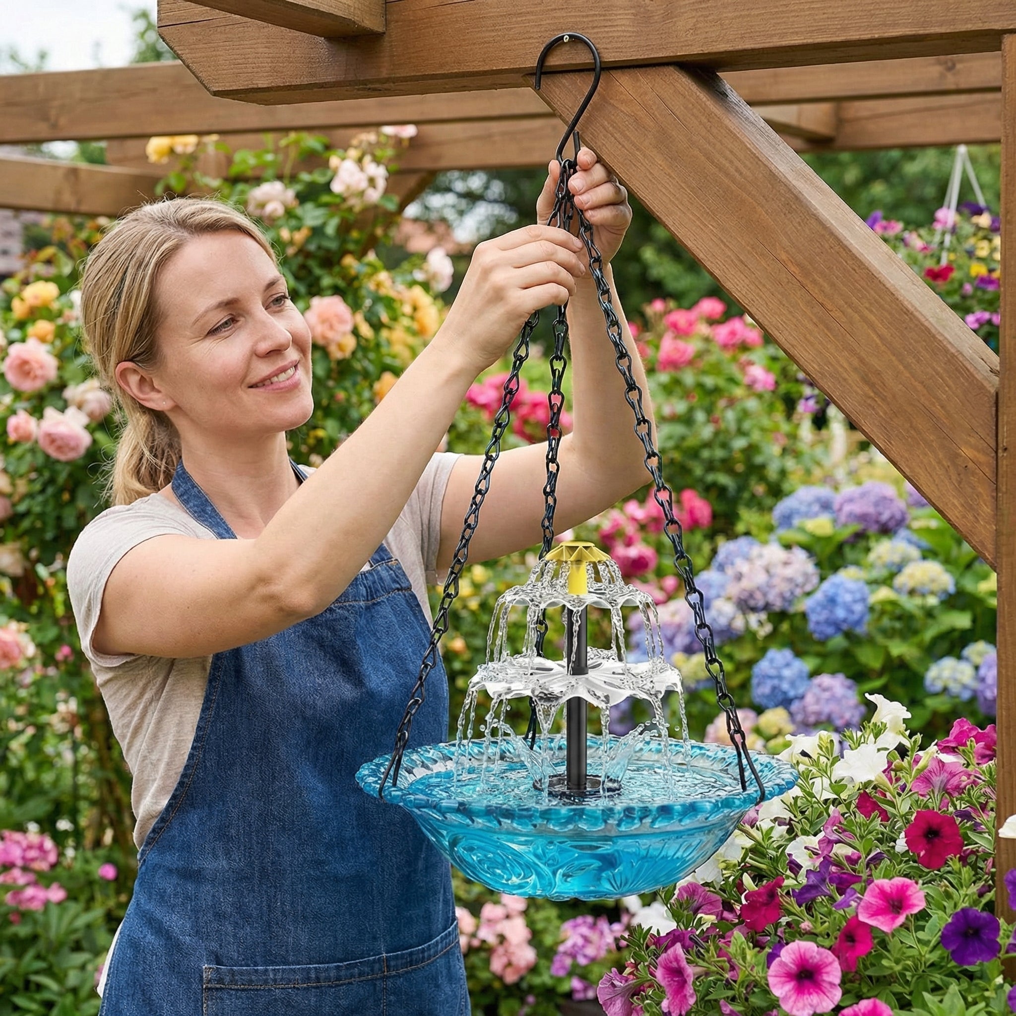 Solar-Springbrunnen mit Vogeltränke – kabellos, zweistufig, hängend