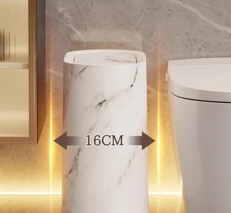 Push-Top Waste Basket with Marble-Look Finish – Slim Oval Design for Small Bathrooms, Bedrooms & Home Offices | Thomler