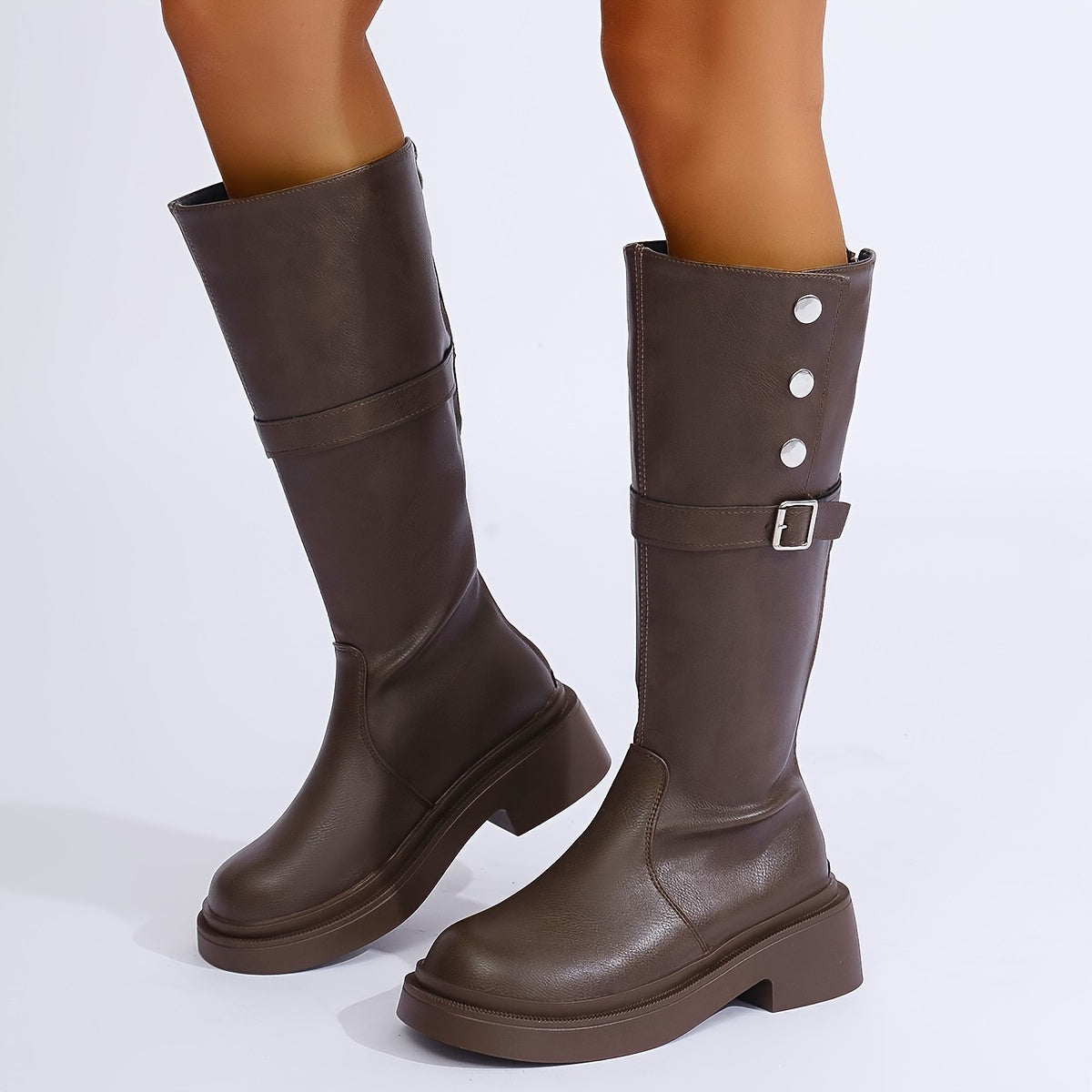 Women's Knee-High Boots with Block Heel & Buckle Accent – Round Toe Synthetic Leather Boots for Fall, Winter & Year-Round Wear | Thomler