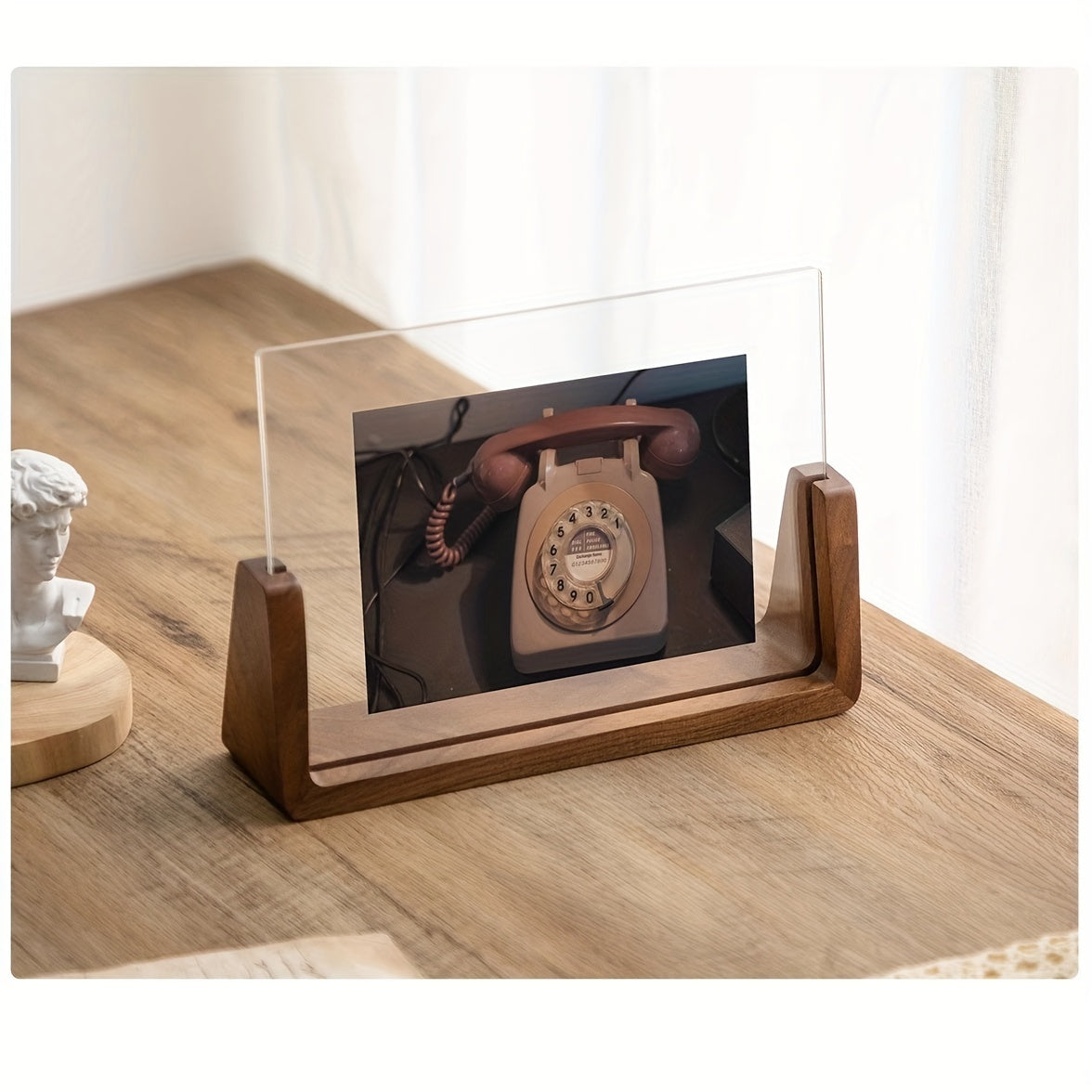 Clear Acrylic Photo Display Stand with Wood Base – Portrait or Landscape Picture Holder for Desk, Shelf, Bedroom Decor | Thomler
