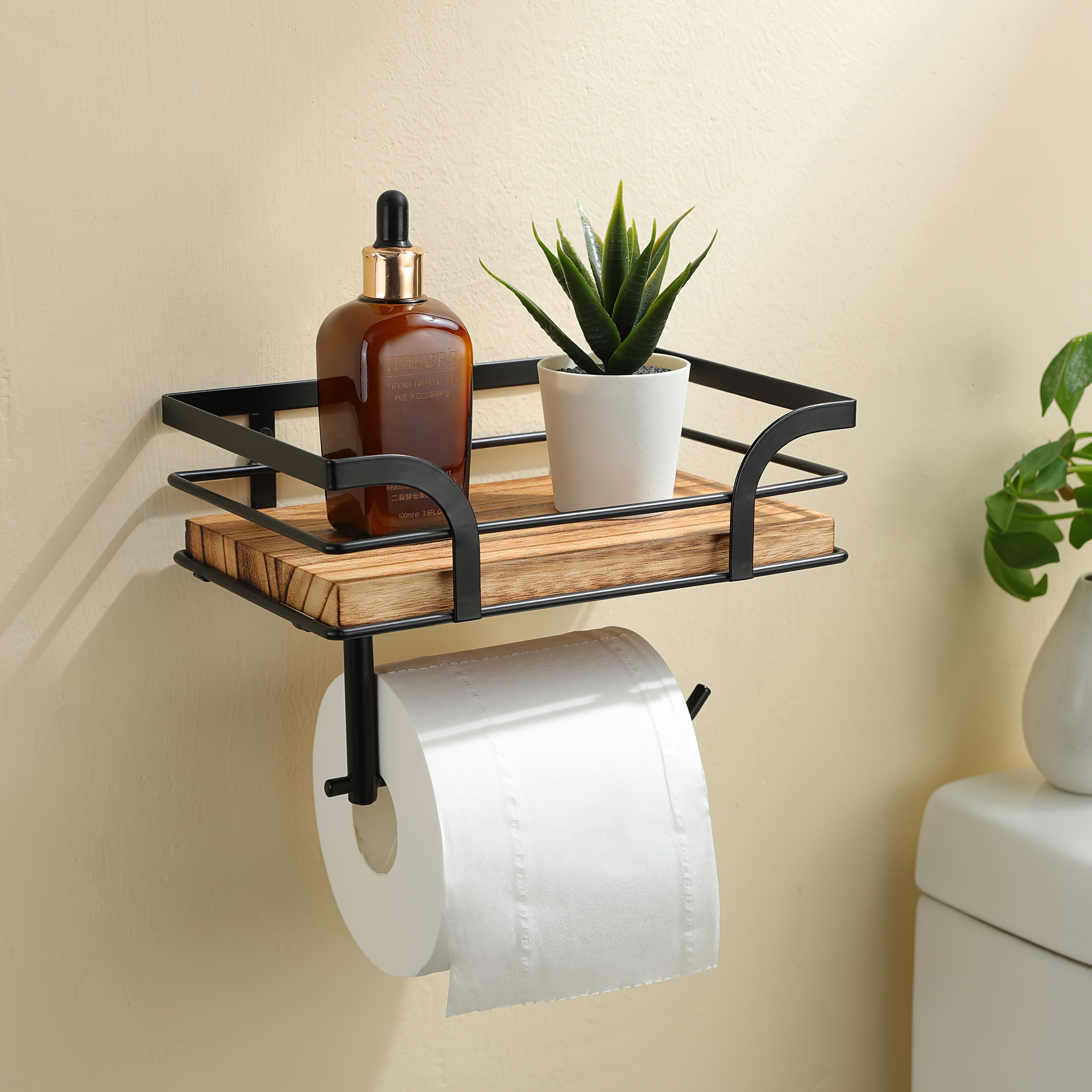 Toilet Roll Holder Wrought Iron Wood Shelf 20.0 cm Bathroom Storage Wall Mounted Organiser Industrial Toilet Shelf Rack | Thomler