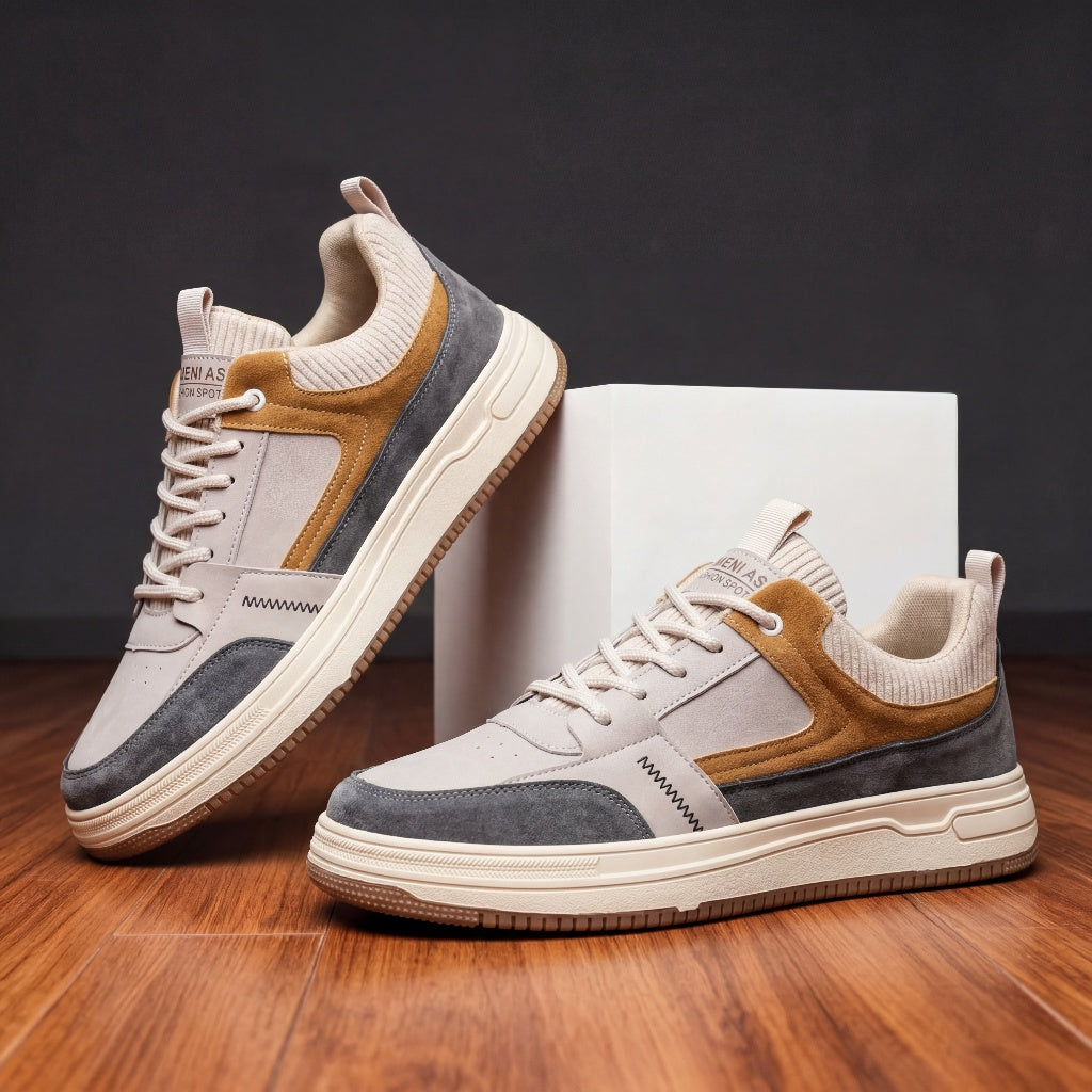 Men's Leather Low-Top Sneakers with Knit Accent Panels & Cushioned Insole | Thomler
