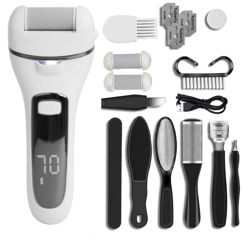 Rechargeable Electric Foot File with LCD Display & LED Light – 3 Roller Heads for Smooth, Callus-Free Feet | Thomler