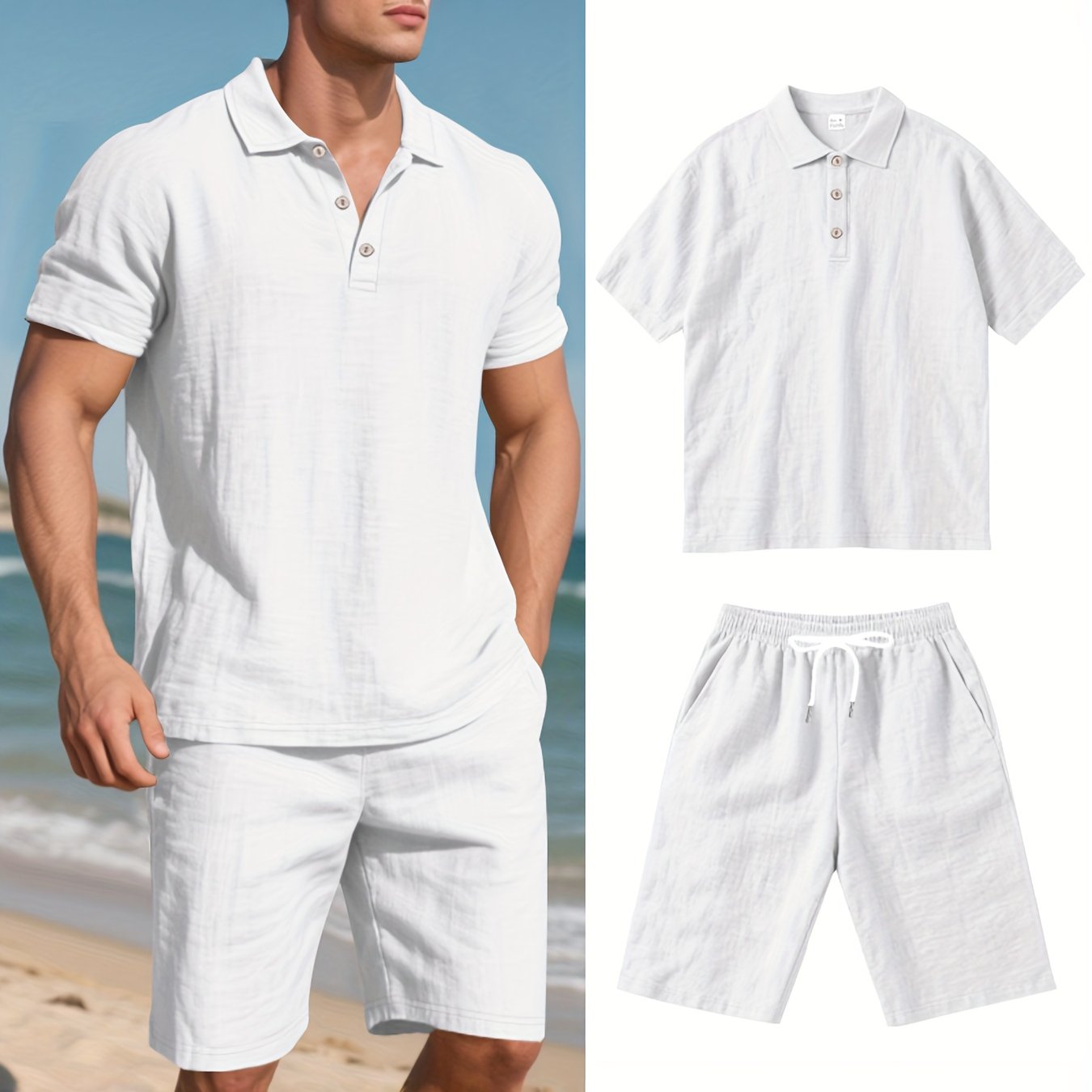 Men's Short-Sleeve Polo & Shorts Linen Set Summer Two-Piece Outfit Lightweight Breathable Casual Wear for Warm Weather | Thomler