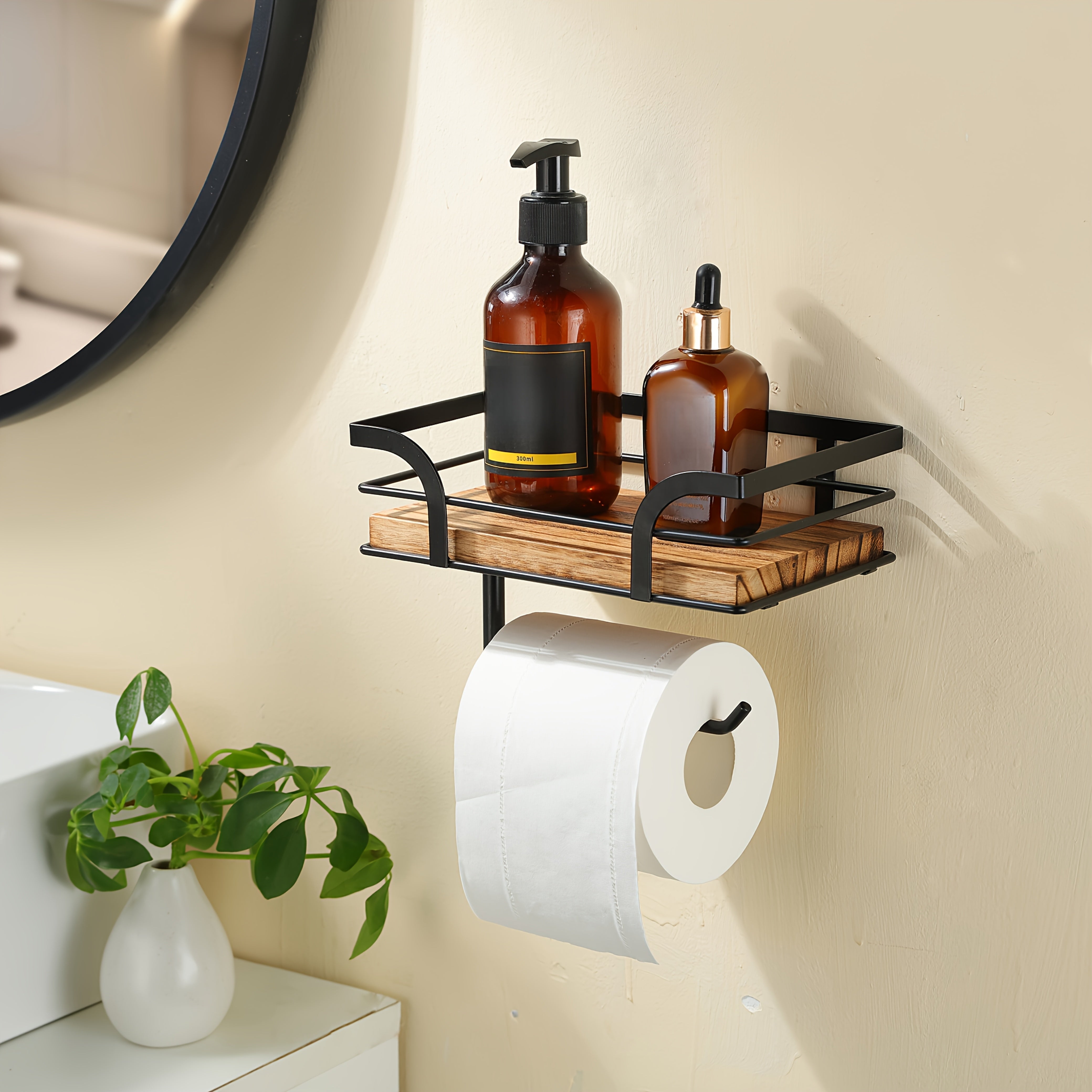 Toilet Roll Holder Wrought Iron Wood Shelf 20.0 cm Bathroom Storage Wall Mounted Organiser Industrial Toilet Shelf Rack | Thomler