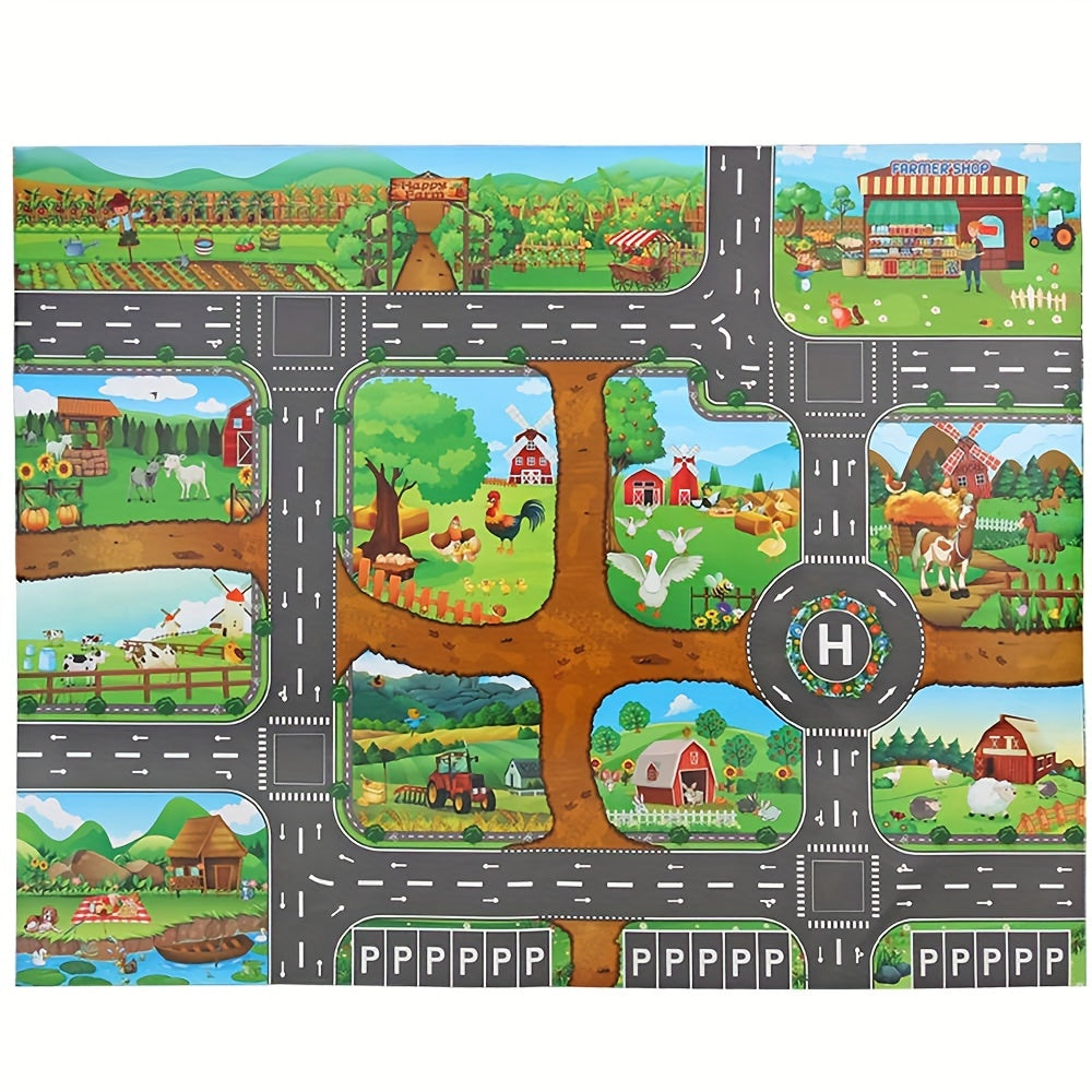 Kids Play Mat with Farm & Road Design for Toy Cars & Animals - Educational Activity Rug for Toddlers & Preschoolers | Thomler