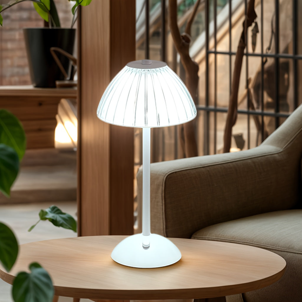 Rechargeable Touch LED Accent Lamp with Ribbed Glass Shade – Cordless Bedside Light for Nightstand, Dining Table, Restaurant – 3 Color | Thomler