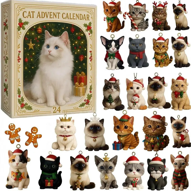Cat Advent Calendar – 24 Festive Feline Ornaments for Holiday Countdown & Tree Display | Thomler
