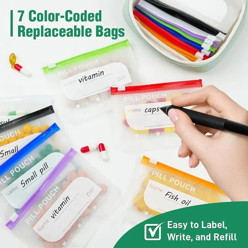 Weekly Pill Organizer Case with 14 Labeled Pouches & Zipper for Travel | Thomler
