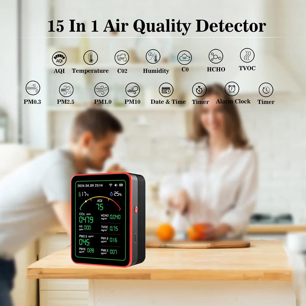 15-in-1 Indoor Air Quality Monitor with WiFi – Real-Time CO2, VOC, Formaldehyde & PM2.5 Detector for Home, Office & Smart Automation | Thomler