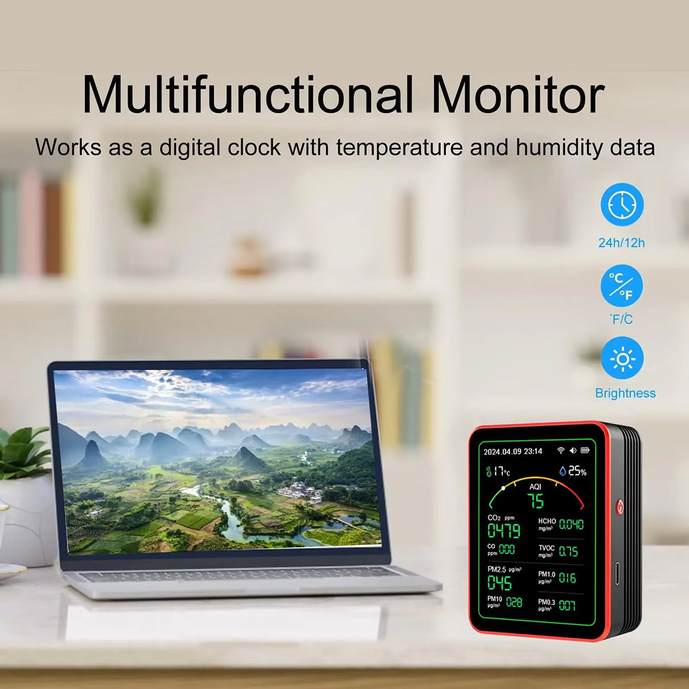 15-in-1 Indoor Air Quality Monitor with WiFi – Real-Time CO2, VOC, Formaldehyde & PM2.5 Detector for Home, Office & Smart Automation | Thomler