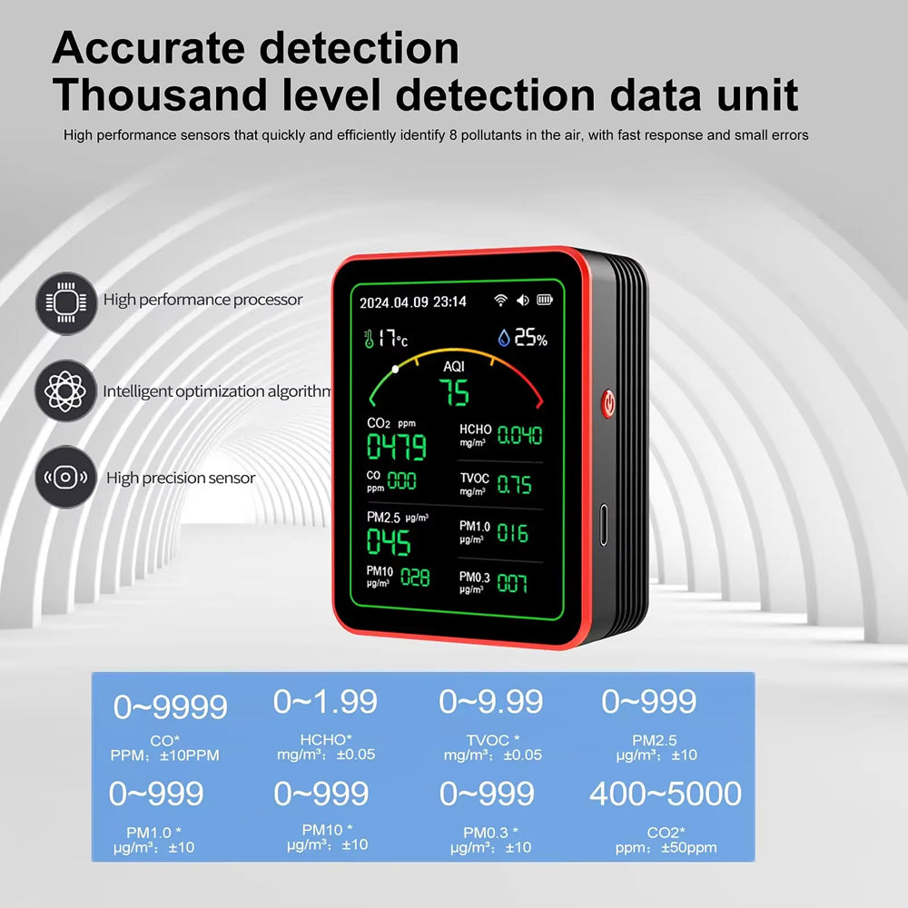 15-in-1 Indoor Air Quality Monitor with WiFi – Real-Time CO2, VOC, Formaldehyde & PM2.5 Detector for Home, Office & Smart Automation | Thomler