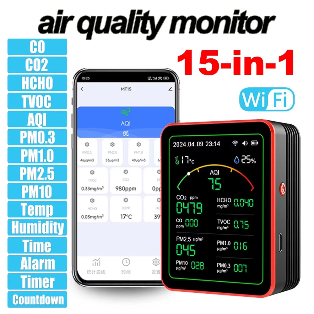 15-in-1 Indoor Air Quality Monitor with WiFi – Real-Time CO2, VOC, Formaldehyde & PM2.5 Detector for Home, Office & Smart Automation | Thomler