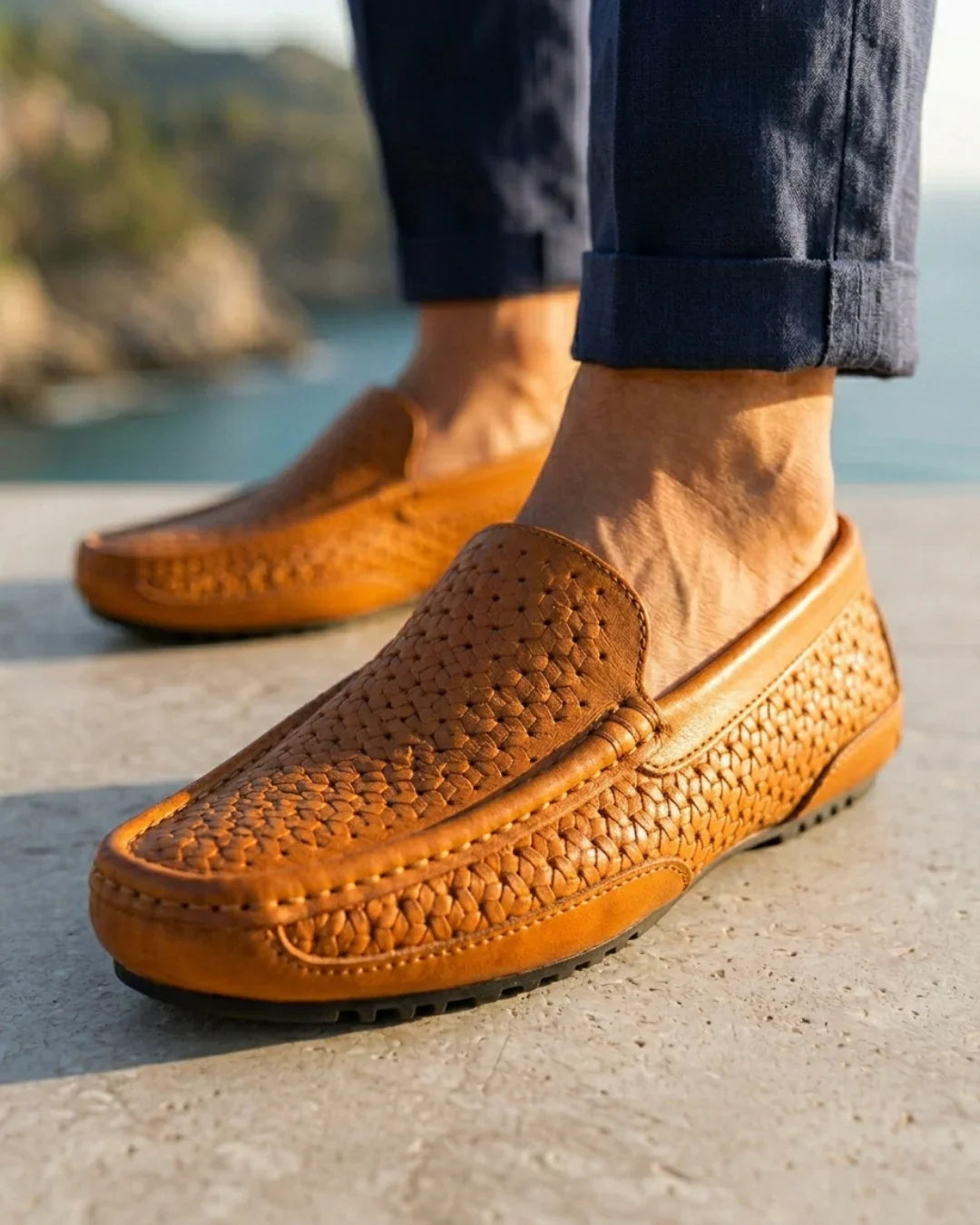 Handwoven Leather Slip-On Shoes with Cushioned Footbed & Rubber Sole for Men – Casual Summer Driving Moccasins, Breathable Comfort for | Thomler