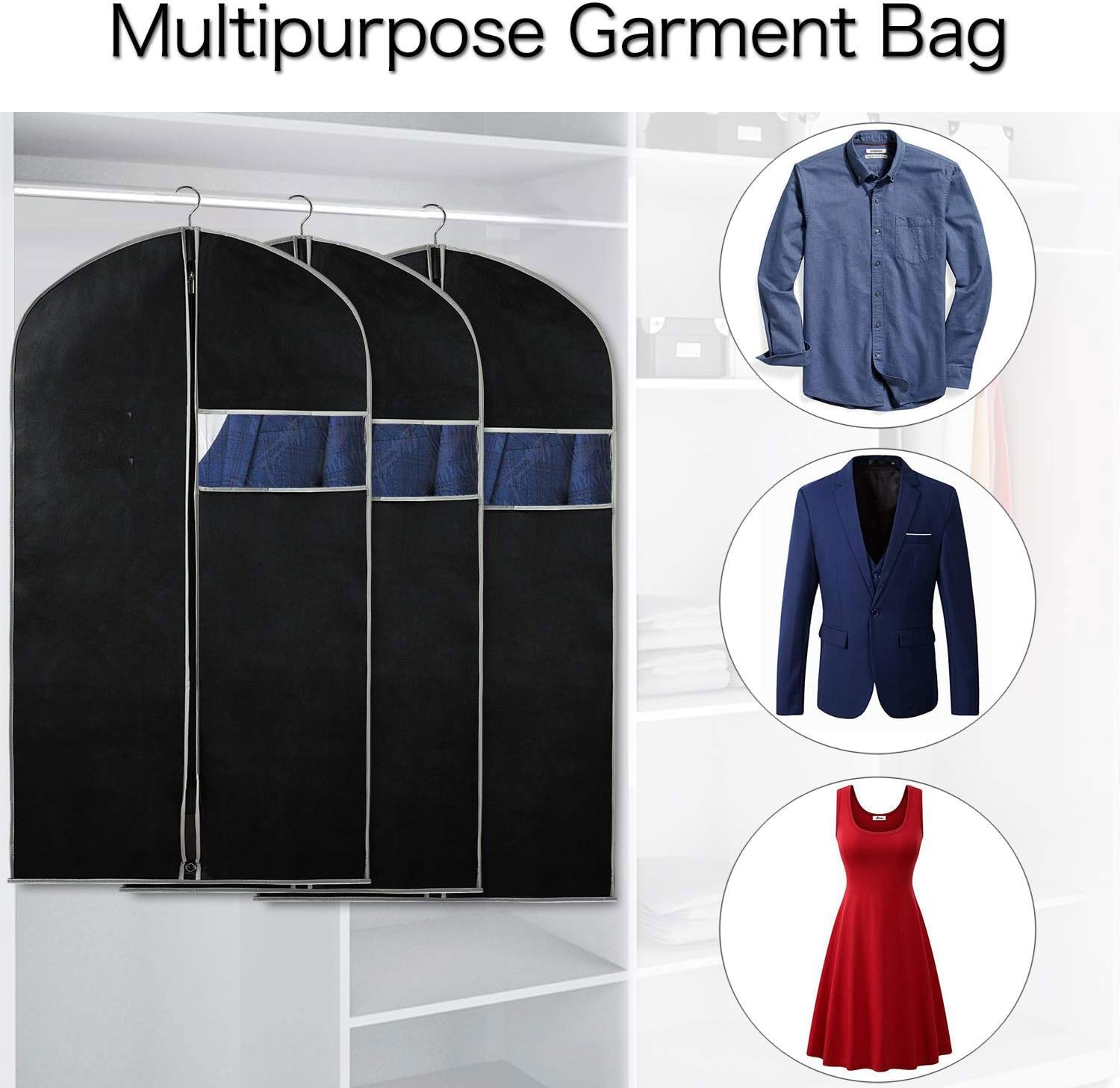 Suit and Dress Protector Bags with Clear Window Panel – Set of 10 Hanging Storage Covers – Zippered Wardrobe Organizers for Closet and Trave | Thomler