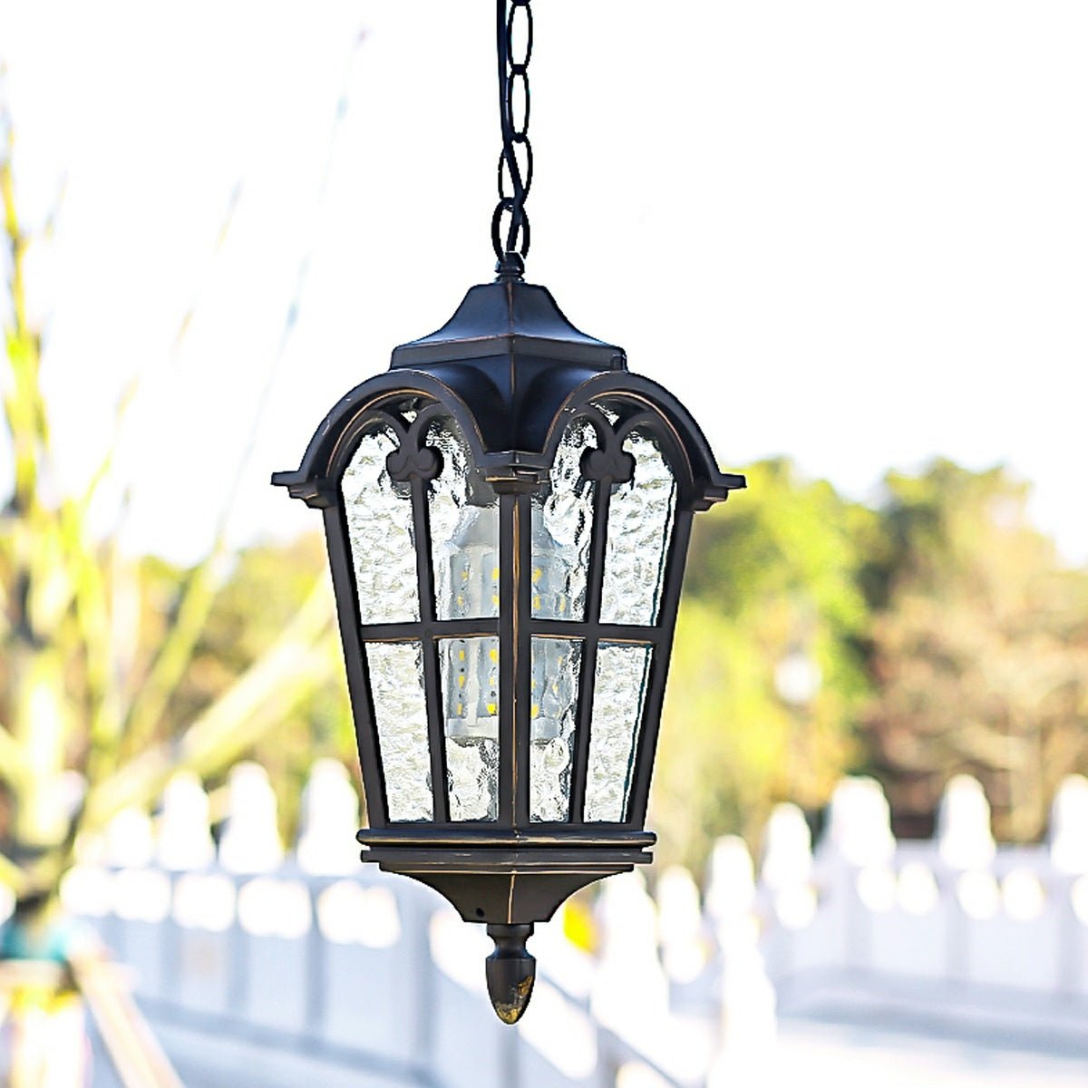 Weather-Resistant Die-Cast Aluminum Hanging Lantern with Glass Panels & LED Bulb for Porch, Patio & Garden Décor | Thomler