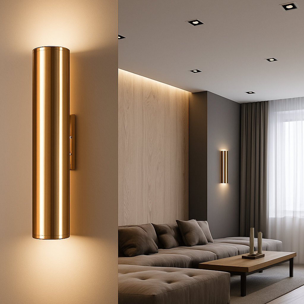 LED Cylindrical Wall Sconce in Gold Finish – Modern Vertical Light Fixture for Bedroom, Dining Room, Hallway – Sleek Metal Tube Accent | Thomler
