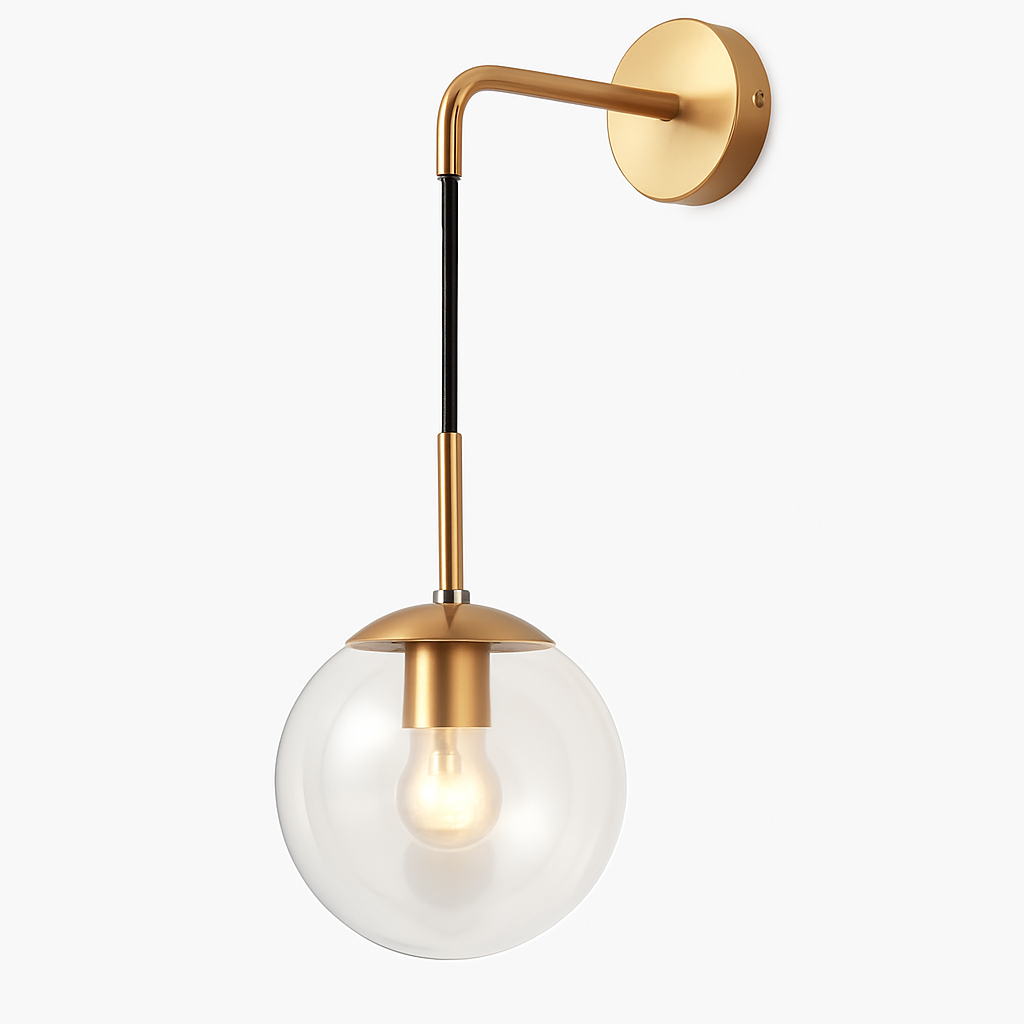 Glass Globe Wall Sconce with Metal Arm | Modern Industrial Hanging Sphere Light Fixture for Living Room, Bedroom & Dining | Thomler