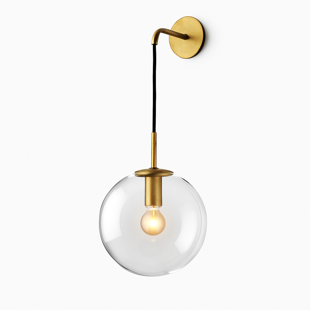 Glass Globe Wall Sconce with Metal Arm | Modern Industrial Hanging Sphere Light Fixture for Living Room, Bedroom & Dining | Thomler