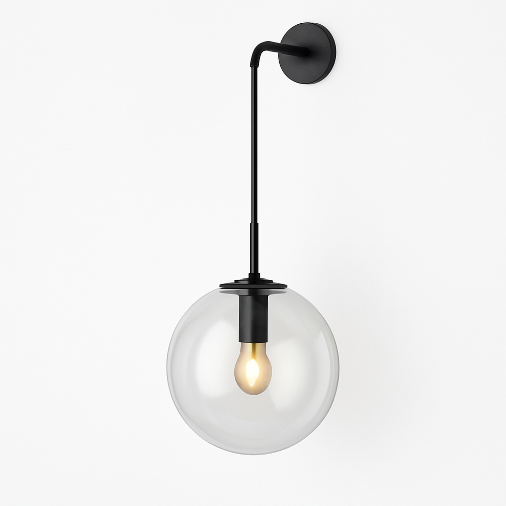 Glass Globe Wall Sconce with Metal Arm | Modern Industrial Hanging Sphere Light Fixture for Living Room, Bedroom & Dining | Thomler